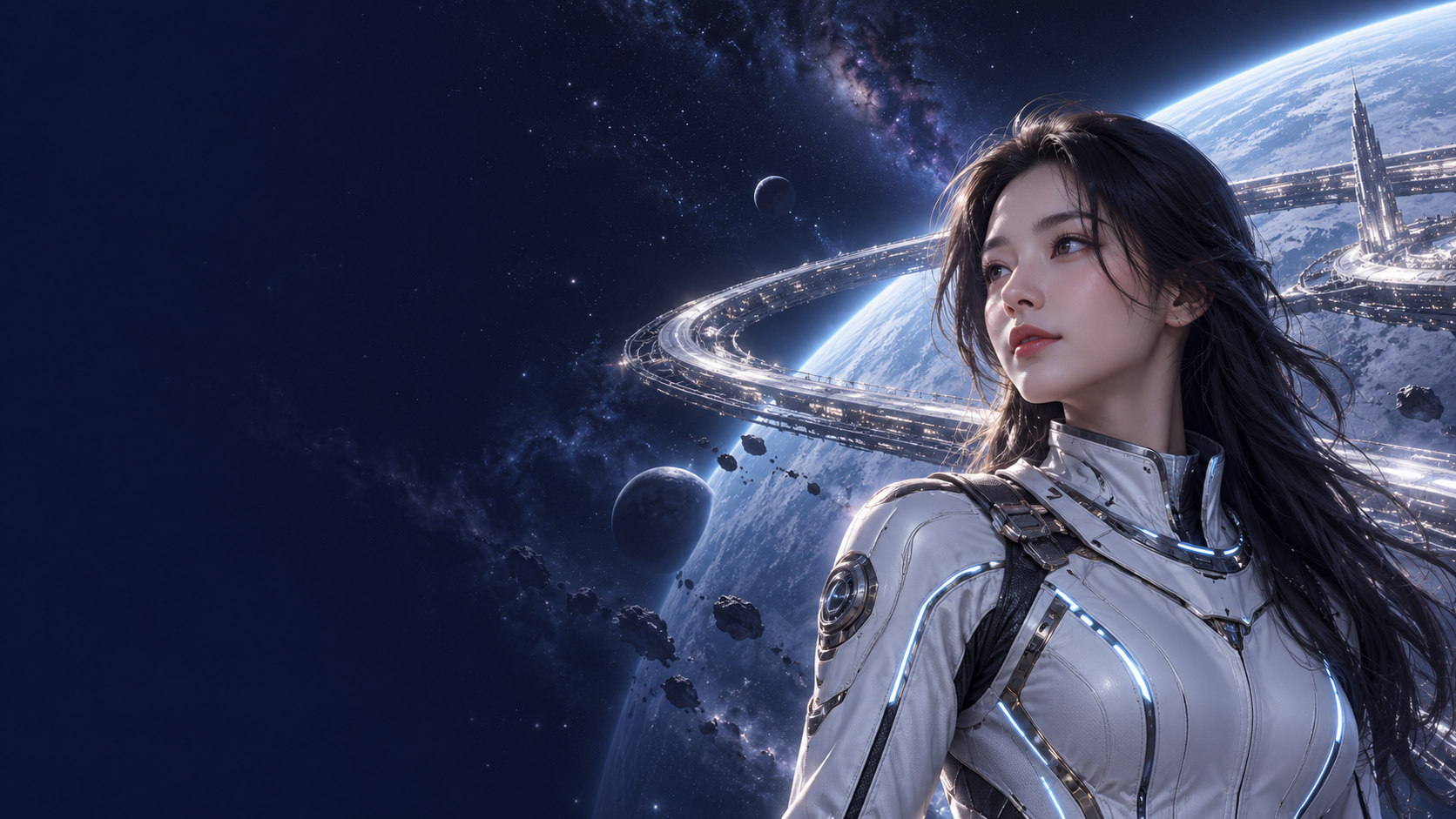 银白太空服的成年女性领航员，身后是蓝色行星与环形空间站